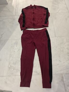 Burgundy Guess Two-Piece Jogger Set with Black Side Stripes